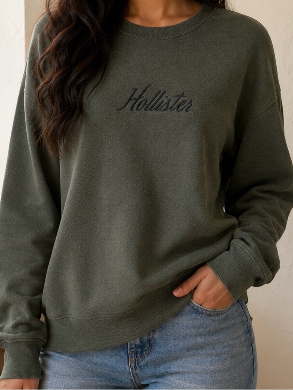 Hollister Olive Green Embroidered Crewneck Sweatshirt